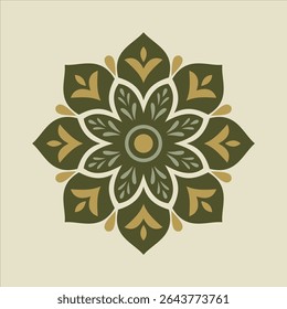 Uma intrincada mandala floral exibe simetria circular com camadas de formas geométricas verdes e douradas, tornando-a adequada para elementos decorativos.