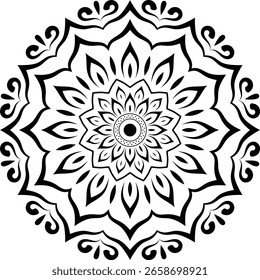 Intricate Floral Mandala Pattern with Abstract Geometric Petals and Vintage Lace Details in One Color for Coloring or Décor Art