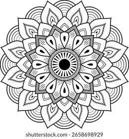 Intricate Floral Mandala Pattern with Abstract Geometric Petals and Vintage Lace Details in One Color for Coloring or Décor Art