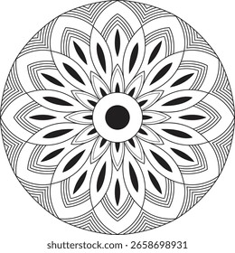 Kompliziertes florales Mandala-Muster mit abstrakten geometrischen Blütenblättern und Vintage-Spitzen-Details in einer Farbe für die Färbung oder Dekorkunst