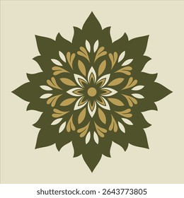 An intricate floral mandala is presented in shades of green, gold, and beige with an eye-catching design, suitable for decorative or spiritual purposes.