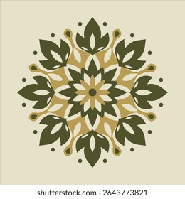 An intricate floral mandala showcases a symmetrical design in shades of green and beige, ideal for creating a decorative element.