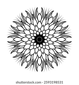 Intricate Floral Mandala with Symmetrical Petal Design in Black and White