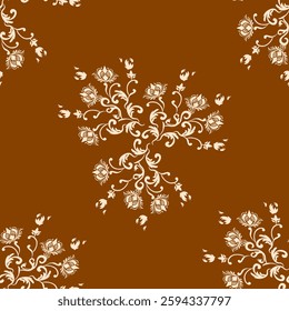 Intricate floral motifs damask seamless pattern with cream elements on brown background. Classic damask Ikat floral design adds sophistication for wallpaper, fabric, home decor, and elegant  textile.