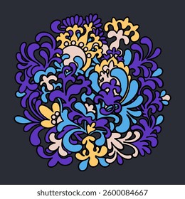 An intricate floral ornament with swirling abstract shapes in vivid color tones. Psychedelic and Art Nouveau aesthetics. Vector clip art isolated on a dark background