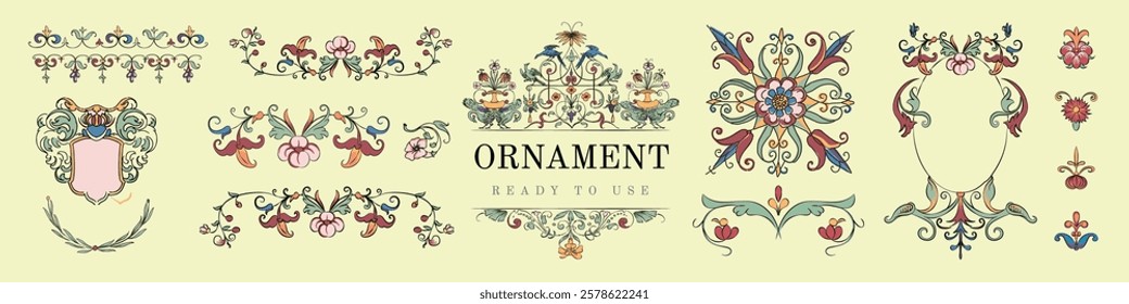 Intricate floral ornaments with vintage designs. Colorful floral patterns and vintages. Decorative floral motifs and vintage ornamentation. Decorative illustrations, isolated vector set.