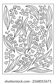 Intricate floral outline doodles with lily of the valley flowers and leaves in detailed black and white coloring page design. Vector hand drawn outline illustration isolated on white background