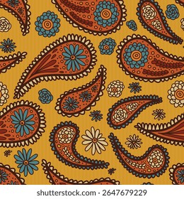 Intricate floral paisley mustard yellow orange beige 1970s retro