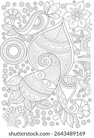 Intricate Floral and Paisley Pattern Line Art, Detailed black and white line drawing featuring an intricate pattern of paisley shapes, floral elements, leaves, dots, and swirls. This complex design