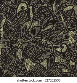 Intricate floral pattern. Abstract lines, circles and waves. Freehand sketch. Clear outline. Bright illustration.
