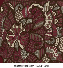 Intricate floral pattern. Abstract lines, circles and waves. Freehand sketch. Clear outline. Bright illustration.