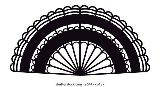 Intricate floral pattern adorning a traditional Spanish hand fan, presented in a striking black and white design, capturing the essence of Spanish culture and craftsmanship