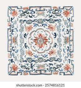 Intricate floral pattern with blue and red motifs. Floral design features ornate details. Blue and red colors enhance floral and ornate pattern. Vintage art drawing illustration, painting art vector.