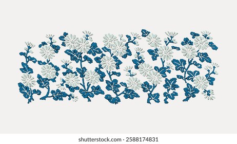 Intricate floral pattern with blue and white flowers. Blue flowers and white flowers intertwine, creating a floral design. Elegant floral motif with vibrant colors. Vintage botanical vector.