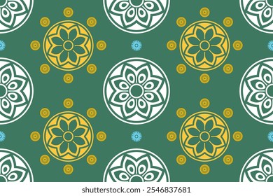 Patrón floral intrincado con motivos amarillos y blancos sobre fondo verde, creando un diseño vibrante y armonioso. Ideal para textiles y Fondos de pantalla.