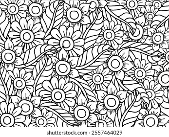 Intricate Floral Pattern of Flowers and Leaves for Coloring Activities