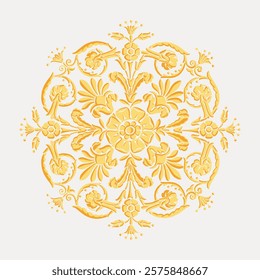 Intricate floral pattern in gold, featuring ornate floral designs. The floral motif is symmetrical, with detailed floral elements and elegant gold accents. Vintage illustration isolated, vector.