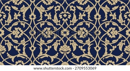 Intricate Floral Pattern in Gold and Navy Blue, Perfect for Wallpaper and Decorative Designs