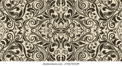 Intricate floral pattern illustration featuring swirling leaves and vines in a symmetrical design on a neutral background from a direct viewpoint