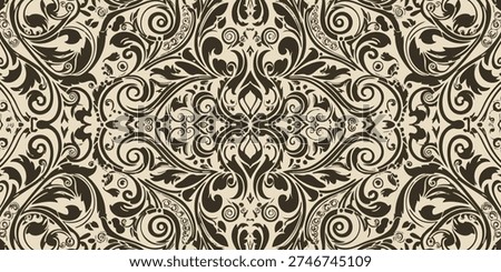 Intricate floral pattern illustration featuring swirling leaves and vines in a symmetrical design on a neutral background from a direct viewpoint