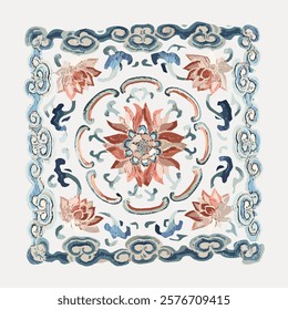 Intricate floral pattern with lotus motifs, soft blue and pink hues. The floral design showcases lotus flowers, creating a harmonious and elegant pattern. Vintage floral illustration isolated, vector.