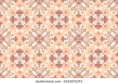 Intricate Floral Pattern on Cream Background. Ornate Botanical Seamless Pattern. Vintage Inspired Flower Motif. Folk Art Flower Illustration. Bohemian Muted Orange Brown Yellow  Floral Ornament. Batik