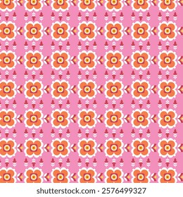 Intricate Floral Pattern with Orange, Red, and Yellow Flowers on Pink Background