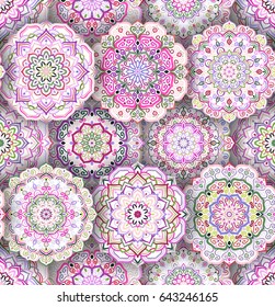 Intricate floral pattern. Seamless flower background. Complex vintage design. Mandala elements. Realistic shadow. Curvy boho round ornament. Decorative weave oriental interior, fabric, wallpaper, tile