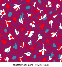 Intricate floral seamless pattern. Brush strokes forming stylized blooming meadow daisy flowers and leaves on Abstract wavy curved shapes background. Simple geometric texture. Nature motif.