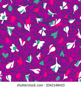 Intricate floral seamless pattern. Brush strokes forming stylized blooming meadow daisy flowers and leaves on Abstract wavy curved shapes background. Simple geometric texture. Nature motif.