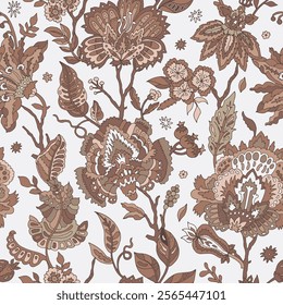 Intricate floral seamless pattern featuring vintage-style flowers and botanical elements in Mocha Mousse hues. Ideal for fabric prints, stationery, and wallpapers.