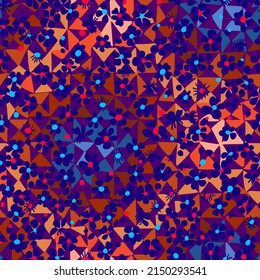 Intricate floral seamless pattern. Sakura flowers in cartoon style overlay on multi colored triangular texture. Flower buds silhouettes with abstract geometric mosaic background. Flat summer texture.