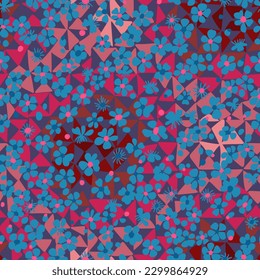 Intricate floral seamless pattern. Sakura flowers in cartoon style overlay on multi colored triangular texture. Flower buds silhouettes with abstract geometric mosaic background. Flat summer texture.