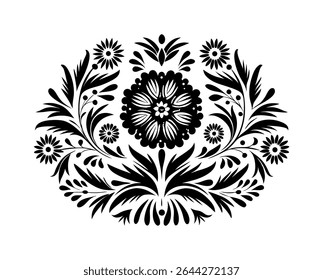 Intricate floral silhouette design, perfect for invitations, logos, or textile prints.  The distinctive feature is its bold, black-and-white silhouette style, creating a striking visual impact.