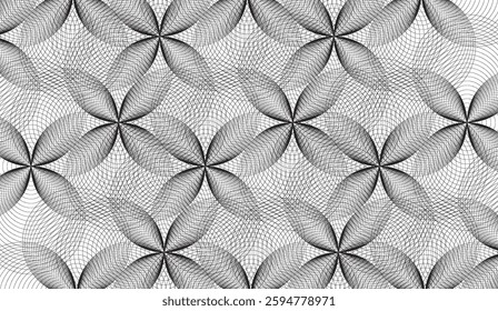 Intricate floral tessellations of intertwined arcs creating mesmerizing optical effects that explore depth and dimension within a monochromatic geometric framework