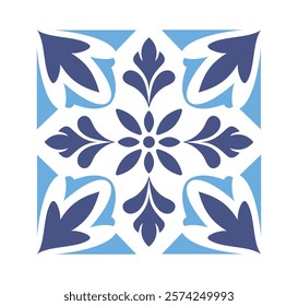 Intricate floral tile pattern with blue and white tones, abstract symmetrical design, square layout. Concept of elegance, tradition, and decoration. Vector illustration