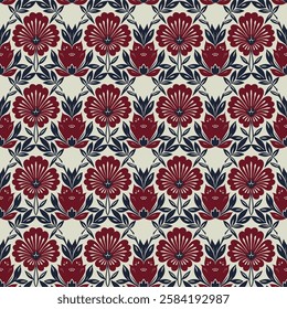 Intricate Floral Tile Seamless Pattern in Burgundy and Beige