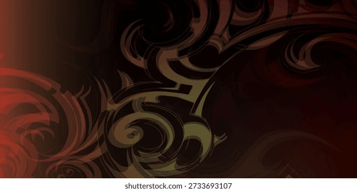 Padrões intrincados e fluentes, semelhantes a fumaça ou tinta, com uma mistura de vermelhos, amarelos e pretos escuros, criando um design abstrato misterioso e dinâmico.