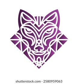 Intricate fox design in purple featuring geometric and tribal-inspired patterns with symmetrical details. Perfect for branding or decor. Purple geometric fox design with tribal patterns