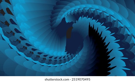 Padrão fractal intrincado em azul e preto, criando um efeito espiral. O desenho é complexo e visualmente cativante, sugerindo movimento em direção ao centro.