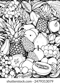 Compleja composición de frutas para colorear para adultos para la relajación. Ilustración vectorial