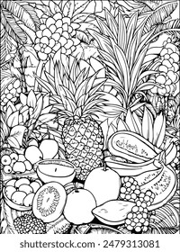 Intricate Fruits Composition Adults Coloring Page for Relaxation. Vector illustration