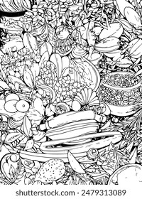 Intricate Fruits Composition Adults Coloring Page for Relaxation. Vector illustration