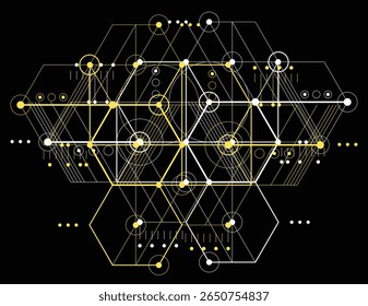 Projeto de Engenharia Futurista intrincado com Círculos de Grade Hexagonais e Linhas de Conexão Fundo Preto