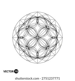 Intricate geometric design featuring intersecting circles and triangles within a circular frame, creating a complex and symmetrical pattern.