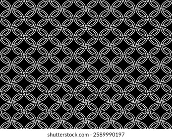 An intricate geometric design with interlocking circles and leaf-like shapes in a repeating arrangement. The white outlines contrast sharply against the black background, creating a striking look.