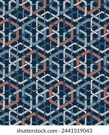 Intricate geometric design with interlocking multicolored hexagons. Abstract background. Arabic style. Seamless repeating pattern. Vector illustration.