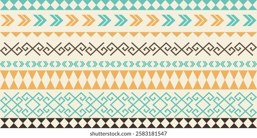 Intricate geometric ethnic border,a modern tribal stripe.beige,brown,turquoise,mustard yellow triangles,abstract motifs,traditional folk textiles for fabric print,invitations frame,cultural