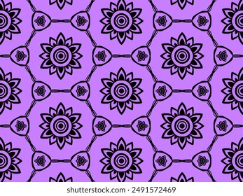Intricate geometric floral pattern in black on a vibrant purple background. This seamless vector design combines traditional and modern elements, perfect for fabric, wallpaper, and decorative projects