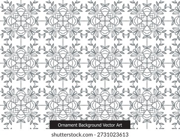 Padrão floral geométrico intrincado com motivos simétricos repetidos e delicados acentos de folhas, apresentados em um estilo de arte de linha monocromática.
